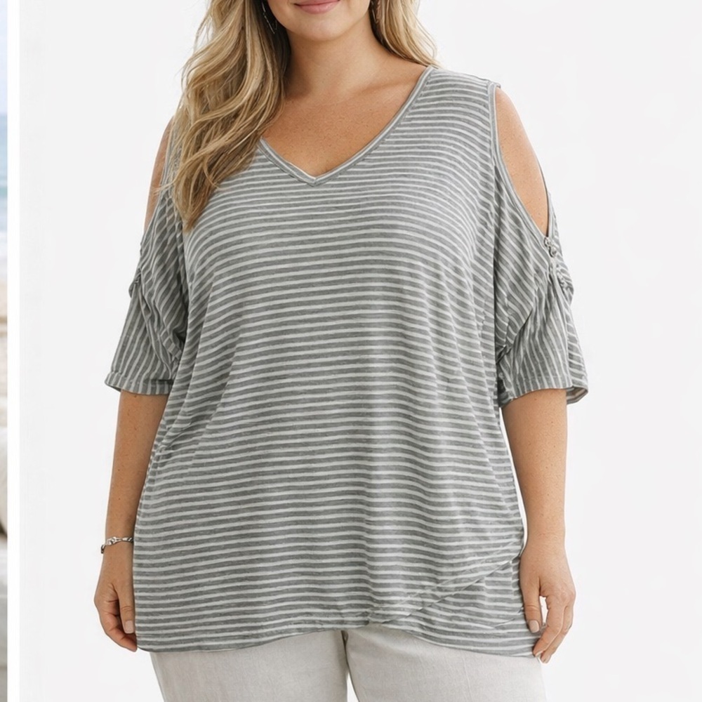 Fresh Produce Top Women 2X Plus Grey Pullover Blouse Striped Cold Shoulder USA